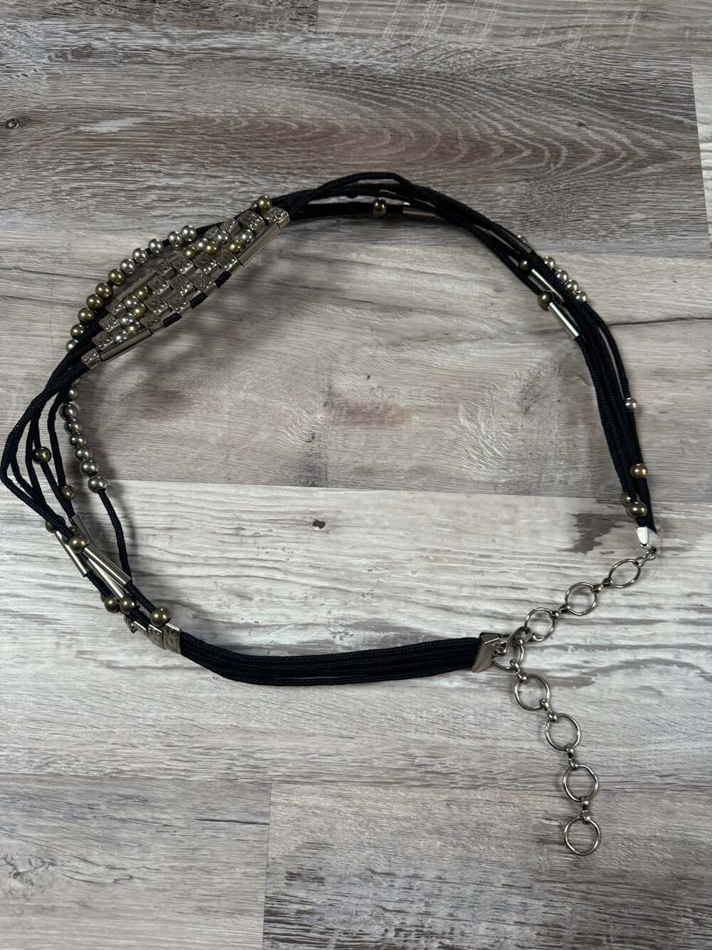 Vintage Y2K Boho Multi Strand Beaded Metal Statement Waist Hip Belt Black Cord
